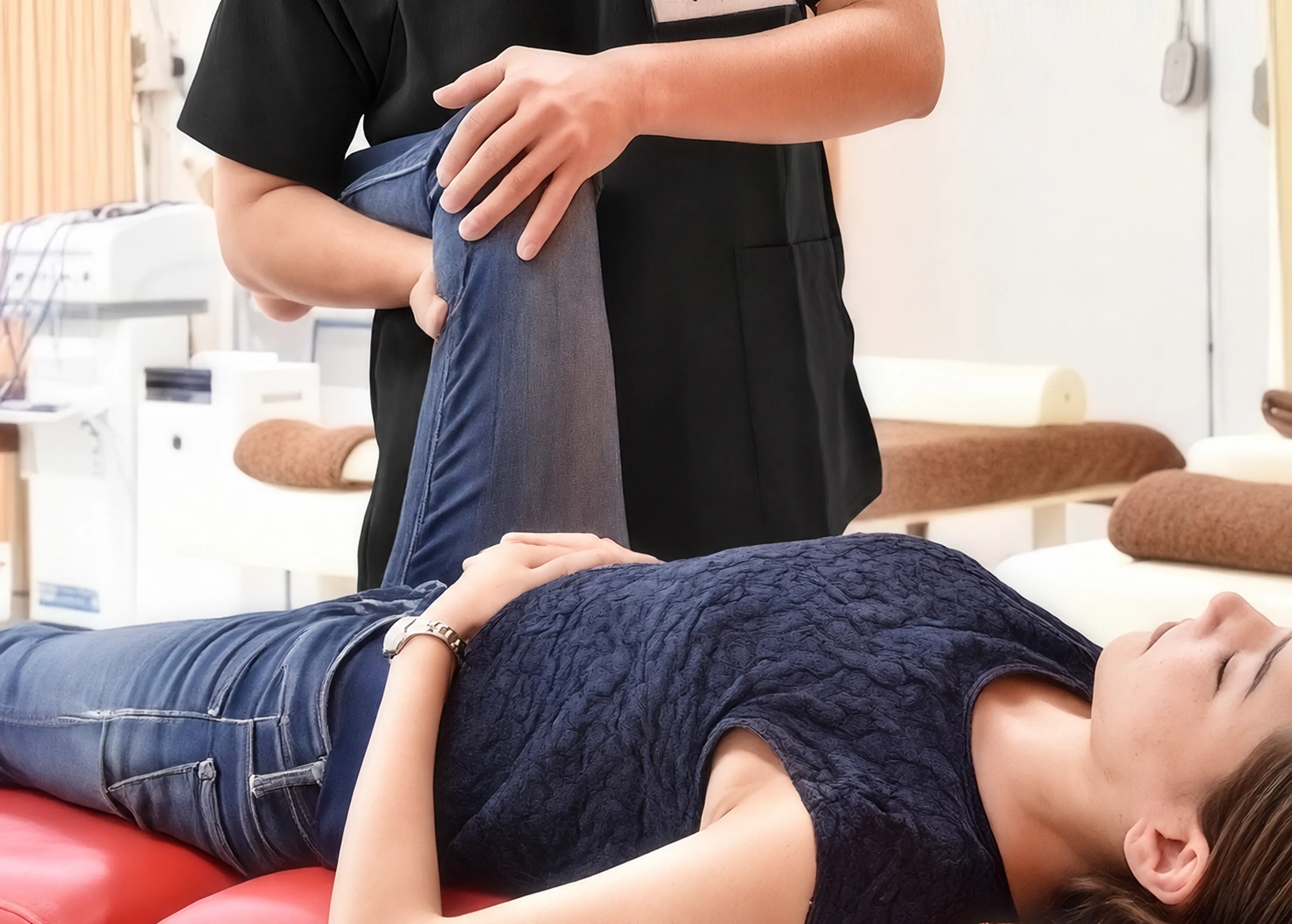 腰や脚の動きを確認しながら施術する様子